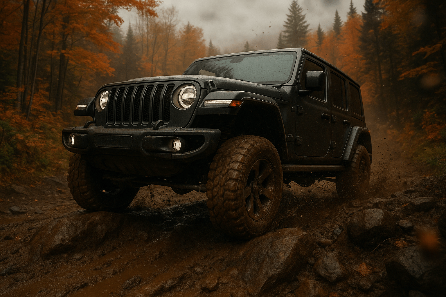 Jeep Wrangler sur un sentier tout-terrain boueux en automne au Bas-Saint-Laurent