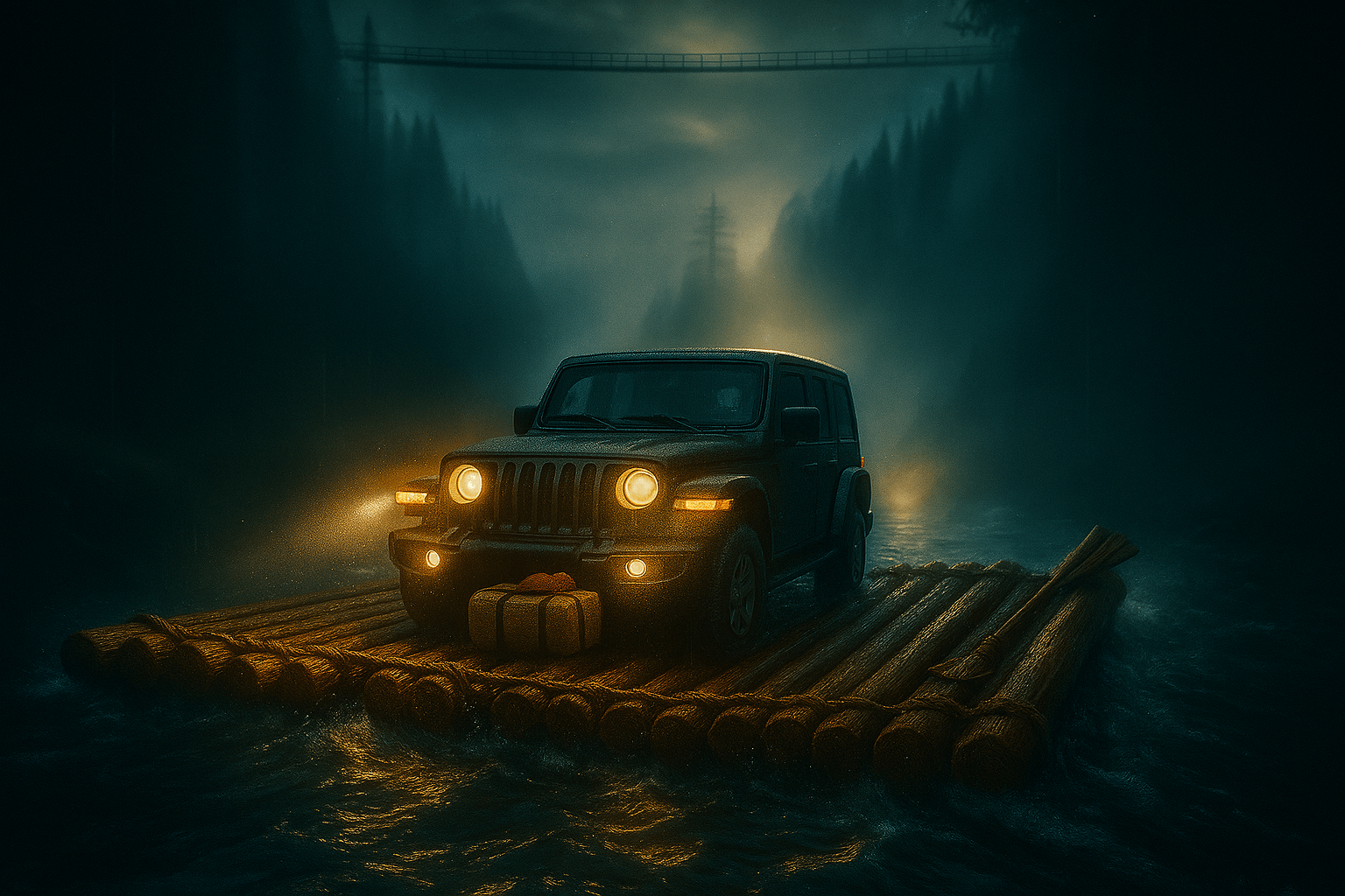 Dans une vision fantaisiste et brumeuse du Canyon des Portes de l'Enfer au Bas-Saint-Laurent, un Jeep Wrangler sombre avec des phares brillants traverse une rivière sur un radeau de rondins, sous un pont suspendu à l'ambiance mystérieuse. L'image évoque une aventure épique dans un paysage automnal sombre.