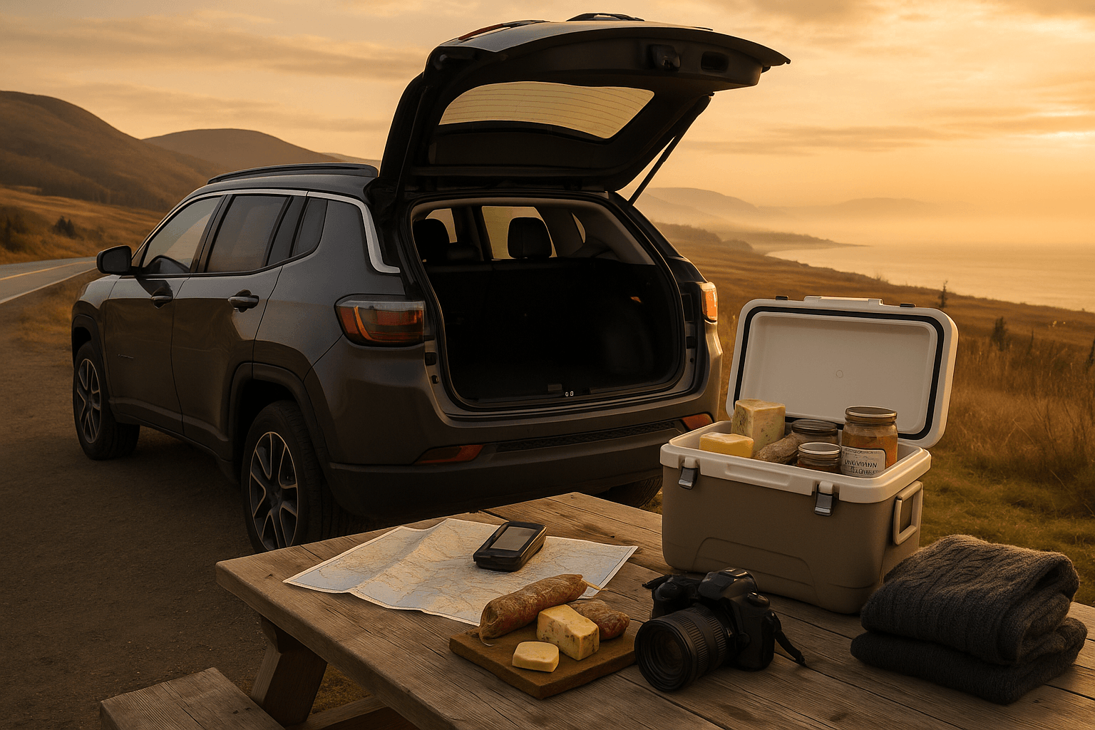 Jeep Compass garé en bord de route au Bas-Saint-Laurent en novembre, avec glacière et équipement de road trip gourmand devant un paysage doré de fin de journée