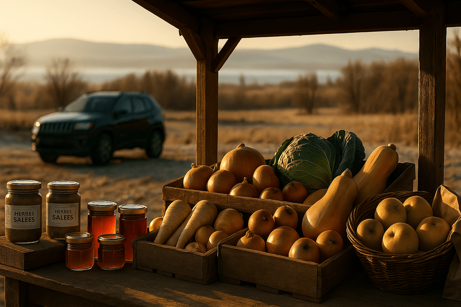 Kiosque du terroir en début d’hiver au Bas-Saint-Laurent éclairé par un soleil doré couchant, avec bocaux d’herbes salées et Jeep Compass floue en arrière-plan