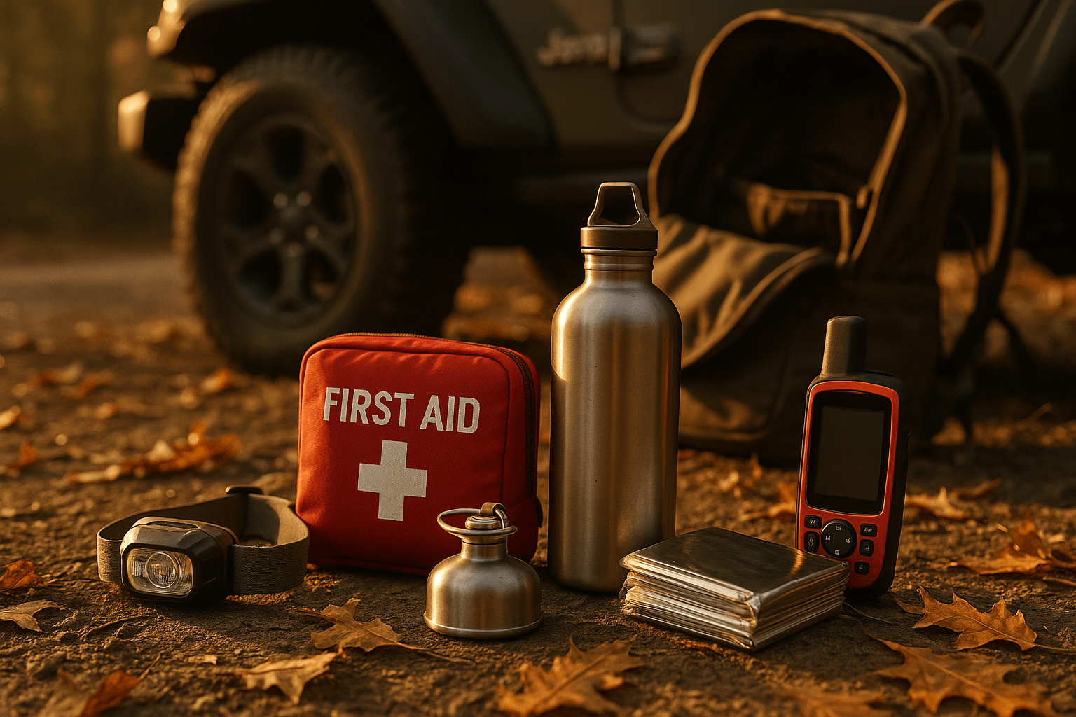Un kit d'aventure et de sécurité pour une escapade en Jeep Wrangler, étalé sur le sol parmi des feuilles d'automne. L'équipement comprend une trousse de premiers secours (FIRST AID), une lampe frontale, une gourde en métal, un appareil GPS et un sac à dos, avec la roue du Jeep visible en arrière-plan