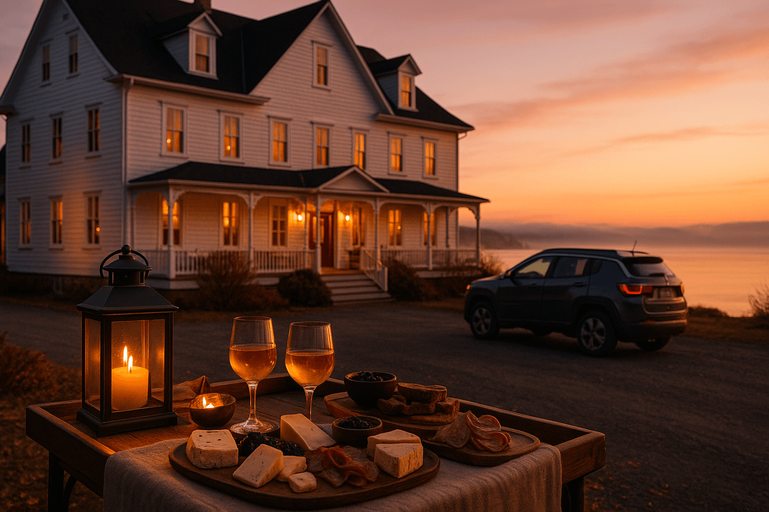 Auberge gastronomique du Bas-Saint-Laurent en novembre avec plateau de produits locaux et Jeep Compass garée devant au coucher du soleil