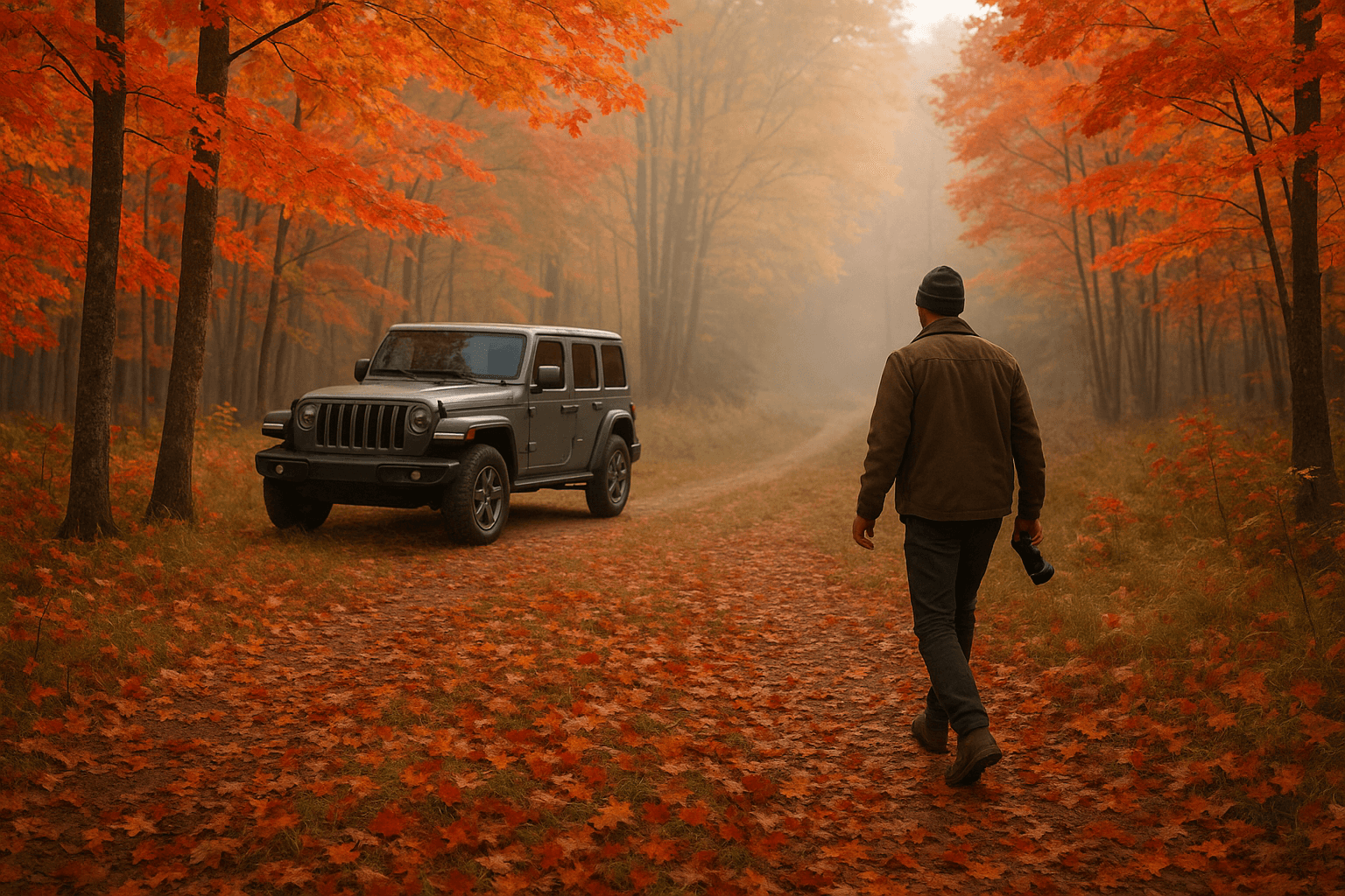 Un homme explore une forêt automnale à pied, son Jeep Wrangler garé sur un sentier brumeux rempli de feuilles d'érable rouges, illustrant une aventure au Bas-Saint-Laurent