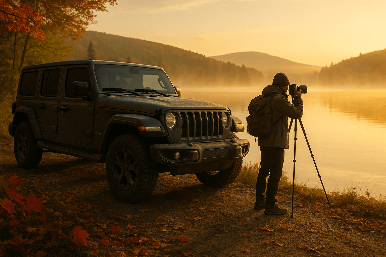 Un photographe équipé d'un sac à dos et d'un trépied prend une photo d'un lac brumeux, baigné dans la lumière dorée du lever de soleil. Un Jeep Wrangler gris foncé est garé à côté de lui sur la rive, parmi des feuilles d'automne rouges