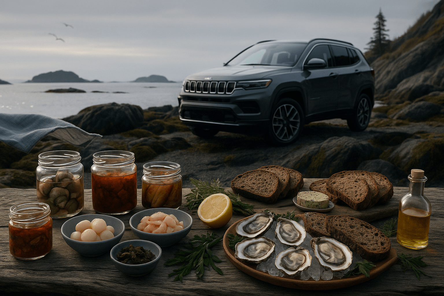 Table gastronomique maritime avec conserves artisanales, fruits de mer et algues, installée au bord du fleuve Saint-Laurent près du Parc du Bic, avec une Jeep Compass en arrière-plan