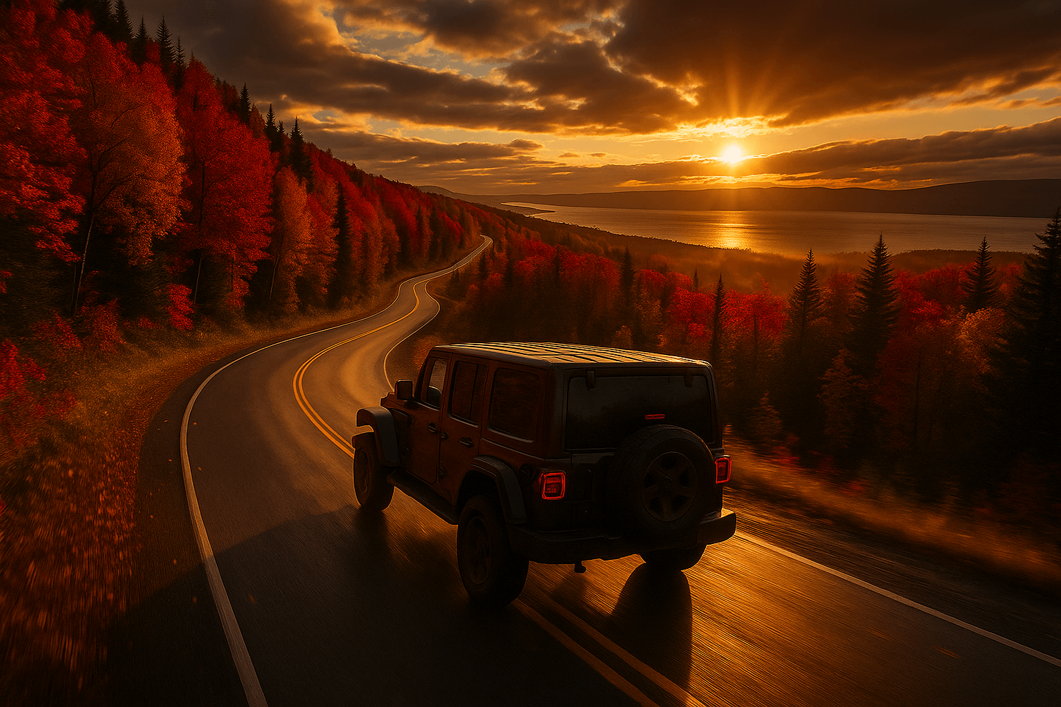 Un Jeep Wrangler noir roule sur une route côtière sinueuse au coucher du soleil. La route est bordée d'une forêt aux couleurs d'automne rouge vif et surplombe le fleuve Saint-Laurent, qui reflète la lumière dorée du soleil