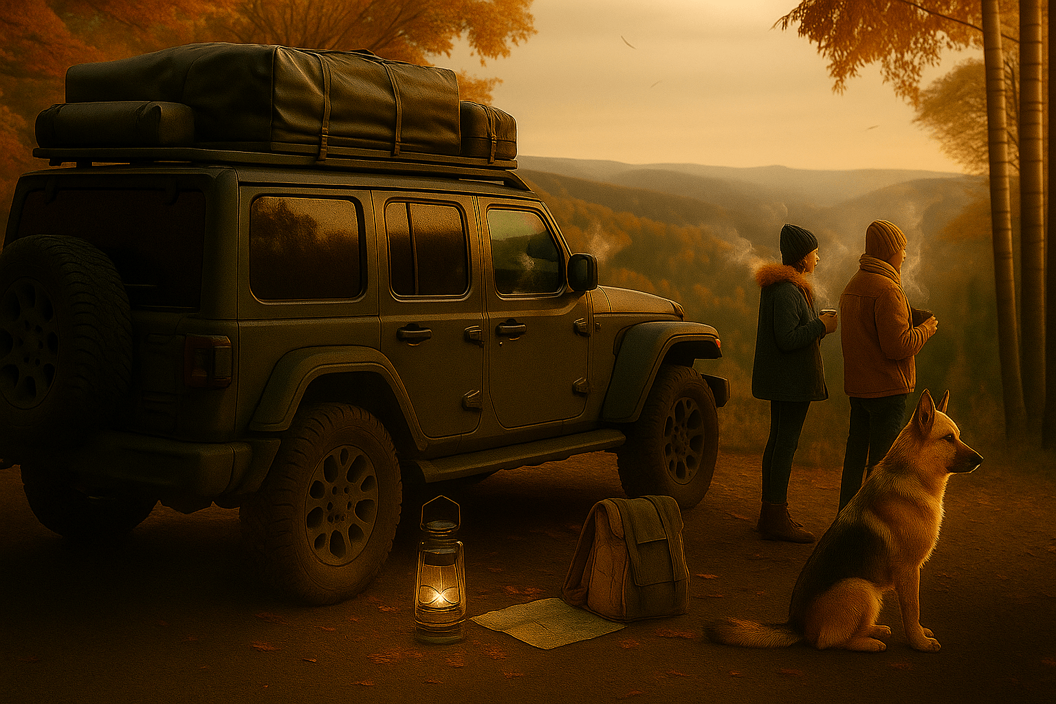 Un Jeep Wrangler vert olive équipé d'une tente de toit est stationné sur un sentier en terre. Deux personnes et un chien berger allemand observent un paysage de vallées boisées aux couleurs automnales du Bas-Saint-Laurent, au coucher du soleil ou au lever du soleil, avec une lanterne et des tasses de café