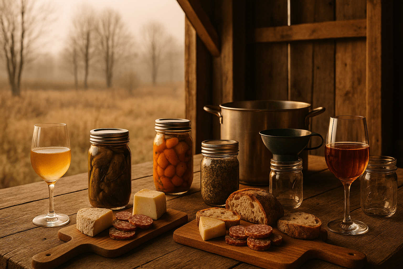 Atelier culinaire de novembre au Bas-Saint-Laurent avec conserves maison, produits du terroir, vin d’érable et cidre tardif sur une table rustique en ambiance automnale