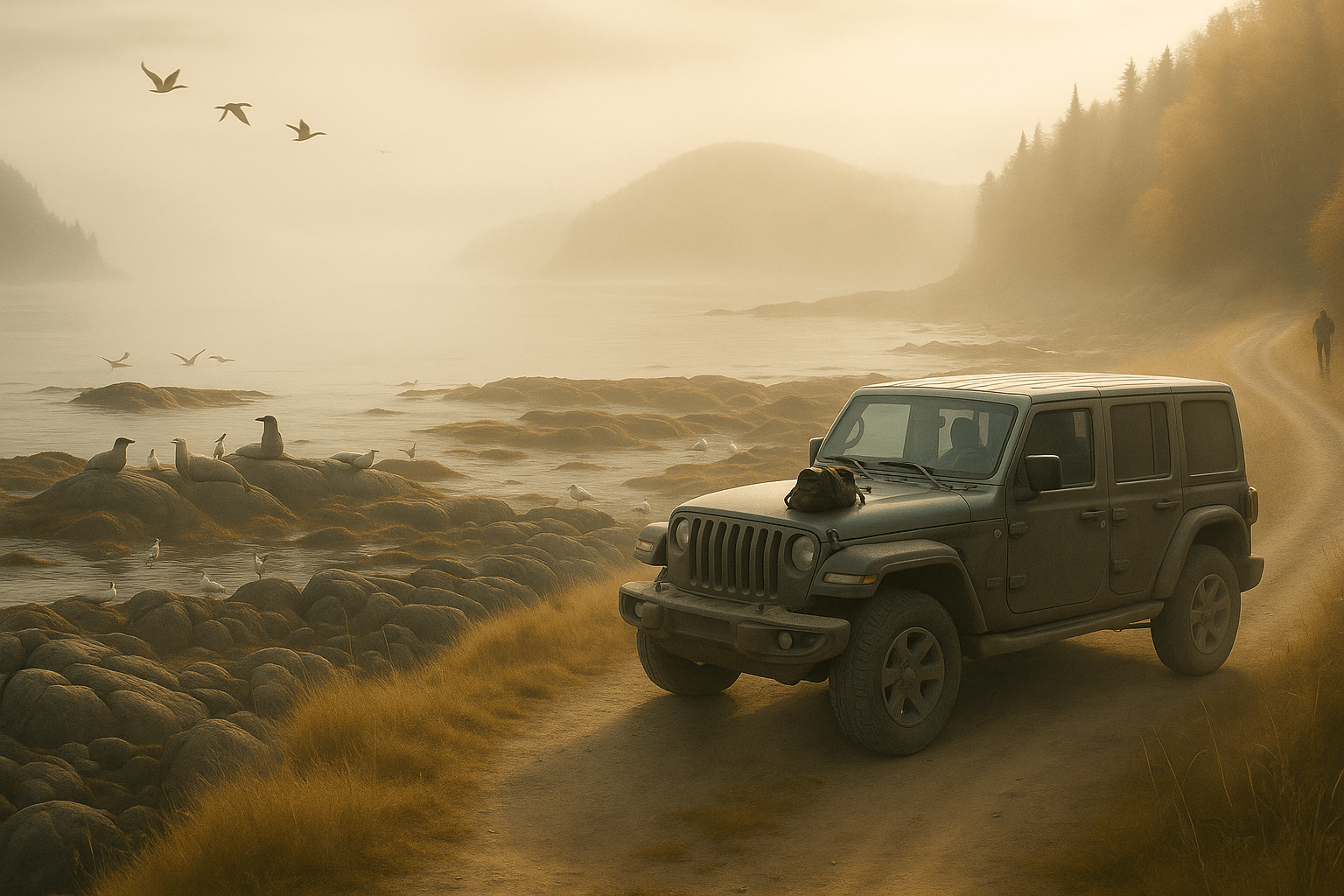 Un Jeep Wrangler est stationné sur un sentier côtier en terre dans une vision fantaisiste du Parc du Bic, dans une brume automnale dorée. Au bord de l'eau, des phoques gris et des oiseaux marins se reposent sur les rochers exposés par la marée, avec des falaises brumeuses en arrière-plan