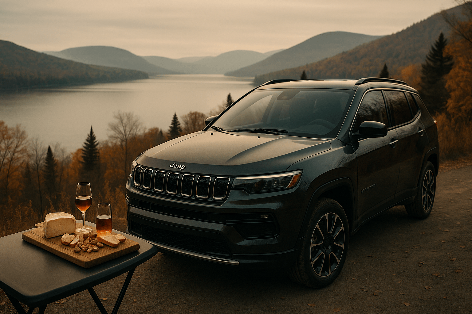 Jeep Compass garée devant une vue panoramique du Lac Témiscouata avec une petite planche de dégustation artisanale en premier plan, dans une ambiance automnale de novembre